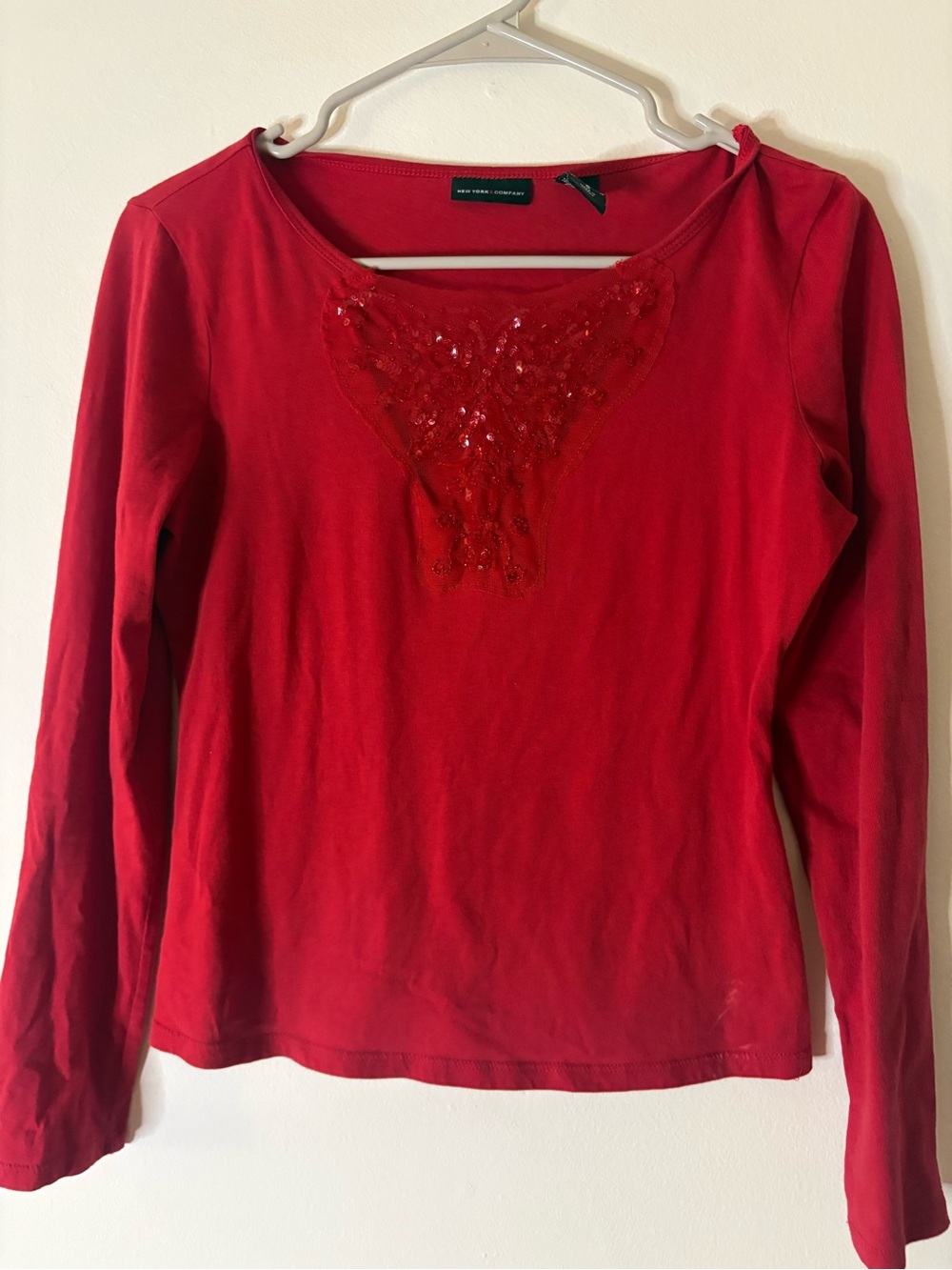 New York & Company Red Long Sleeve Sequin Lace Appliqué Top